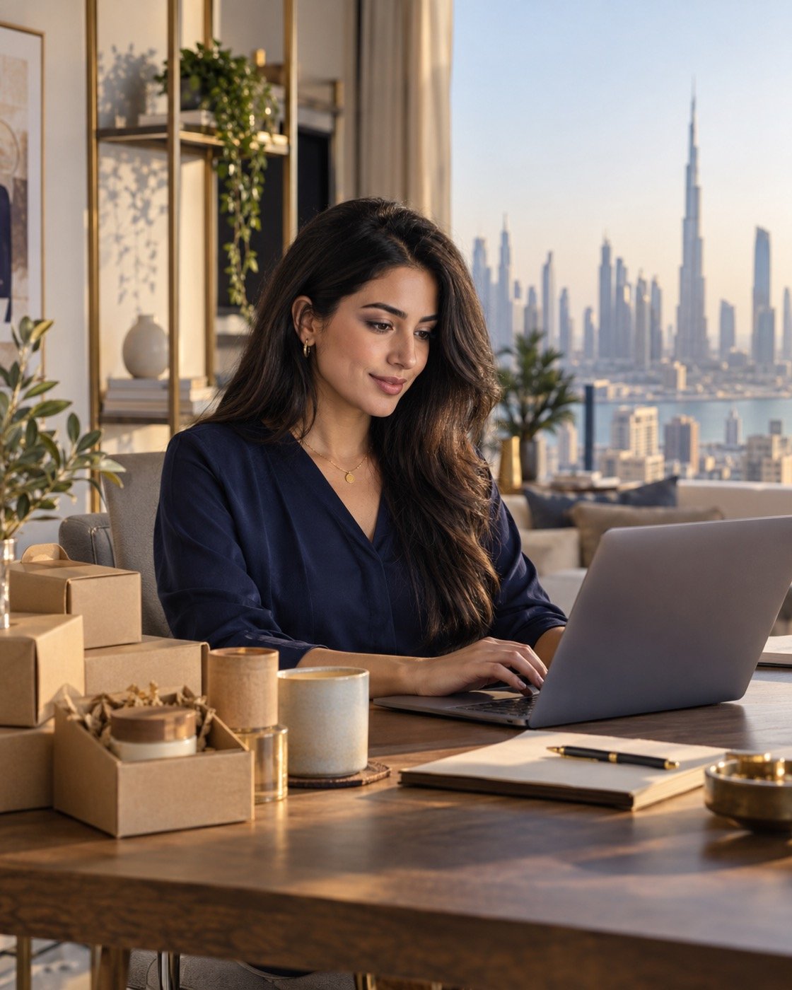 Entrepreneur working on a laptop and preparing small business products in a Dubai home workspace